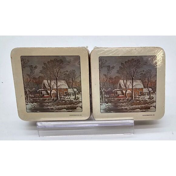 Set of 2 Vintage Avon 1978 Cork-Backed Winter Scene Coasters Set Of 6 - Picture 1 of 4